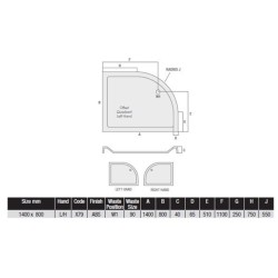 MX Shower Trays - Elements Offset 1400 x 800mm Quadrant Tray LH, 550 Radius