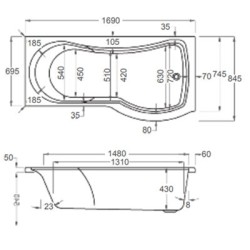 Carron Baths - Arc Carronite Shower Bath NTH 1700 x 700-850mm RH