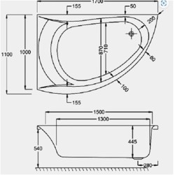 Carron Baths - Omega 5mm Offset Corner Bath NTH 1700 x 1000mm RH