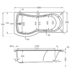 Carron Baths - Arc Carronite Shower Bath NTH 1700 x 700-850mm LH