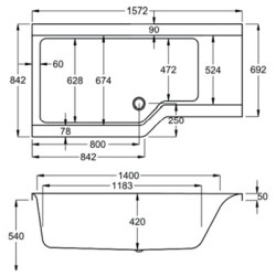Carron Baths - Urban Edge 5mm Shower Bath NTH 1575 x 850mm LH