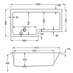 Carron Baths - Quantum Carronite Shower Bath NTH 1600 x 700-850mm LH