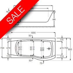 Carron Baths - Delta Carronite NTH Shower Bath 1700 x 700-800mm RH