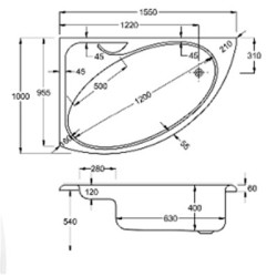 Carron Baths - Dove 5mm Offset Corner Bath NTH 1550 x 950mm RH