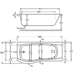 Carron Baths - Delta Carronite NTH Shower Bath 1700 x 700-800mm LH