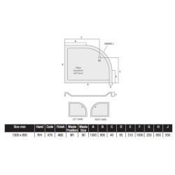 MX Shower Trays - Elements Offset 1300 x 800mm Quadrant Tray RH, 550 Radius