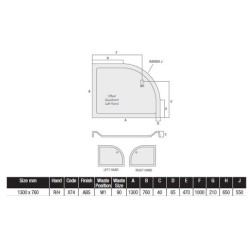 MX Shower Trays - Elements Offset 1300 x 760mm Quadrant Tray RH, 550 Radius